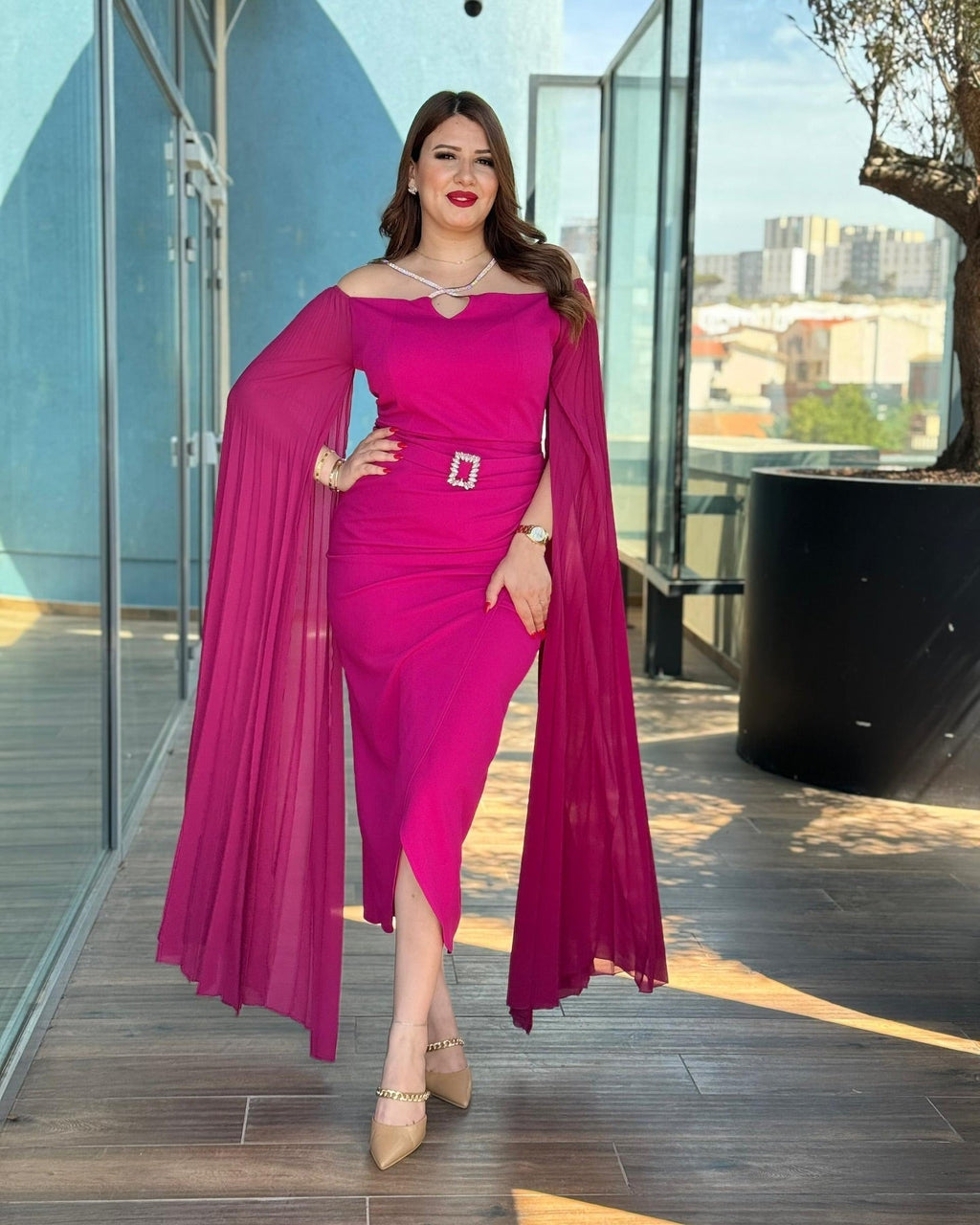 🌸 Royal Elegance Cape Dress – Pink Edition