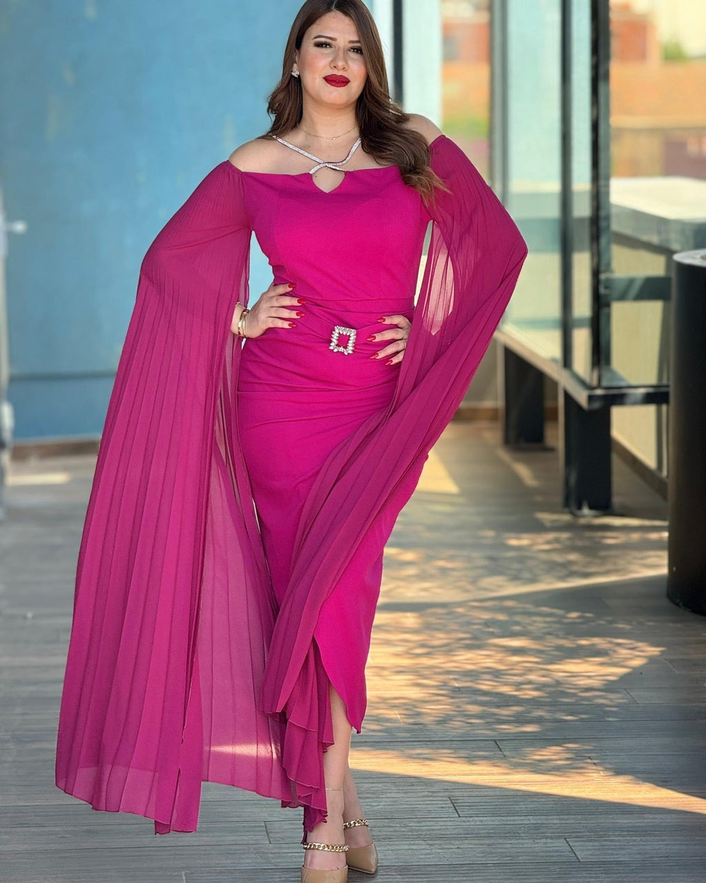 🌸 Royal Elegance Cape Dress – Pink Edition