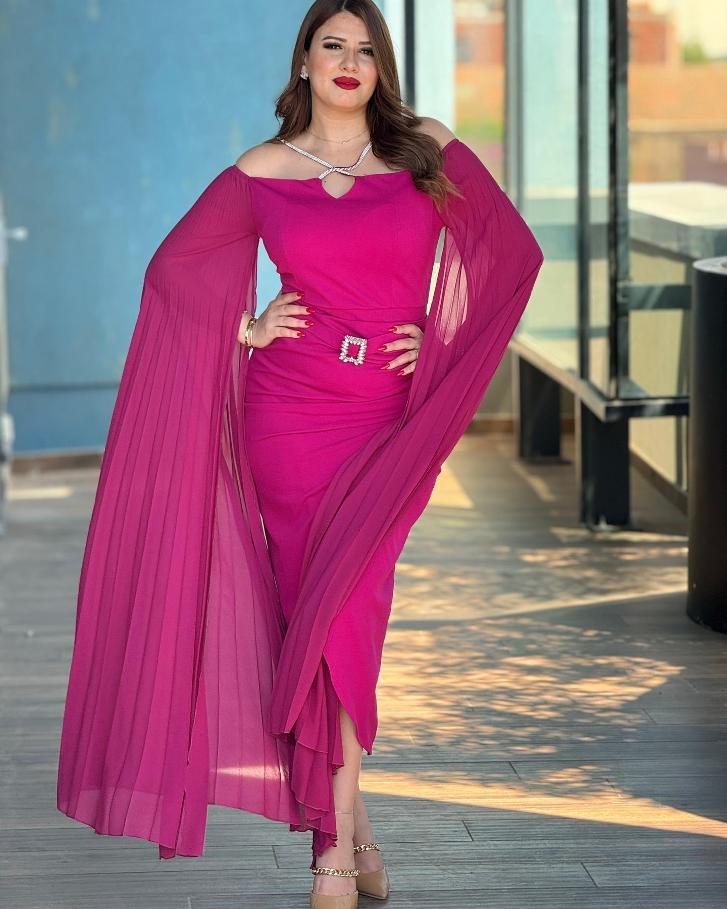 🌸 Royal Elegance Cape Dress – Pink Edition