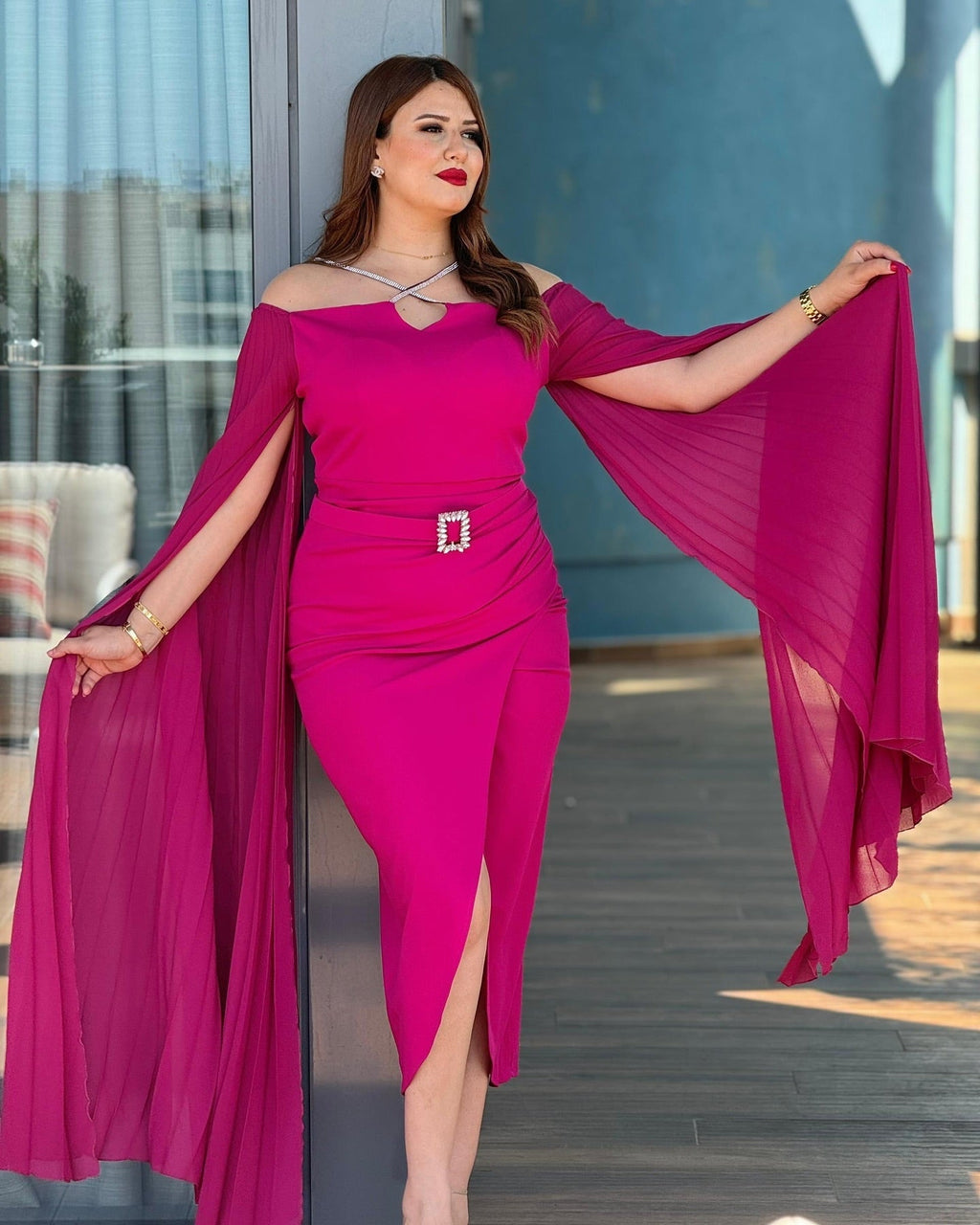🌸 Royal Elegance Cape Dress – Pink Edition