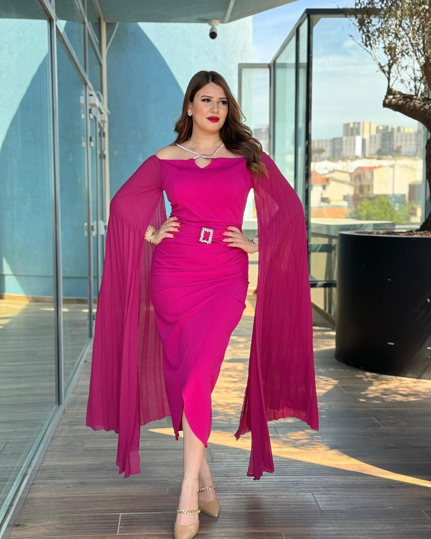 🌸 Royal Elegance Cape Dress – Pink Edition