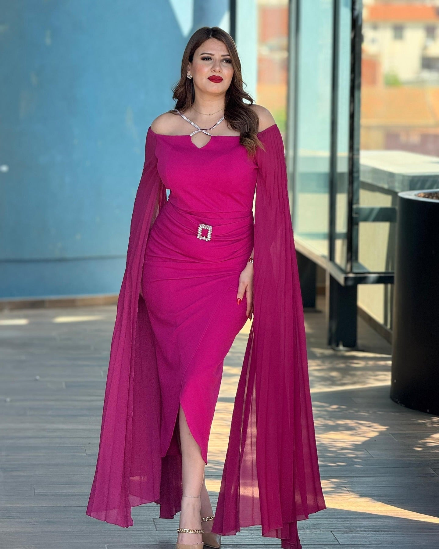 🌸 Royal Elegance Cape Dress – Pink Edition