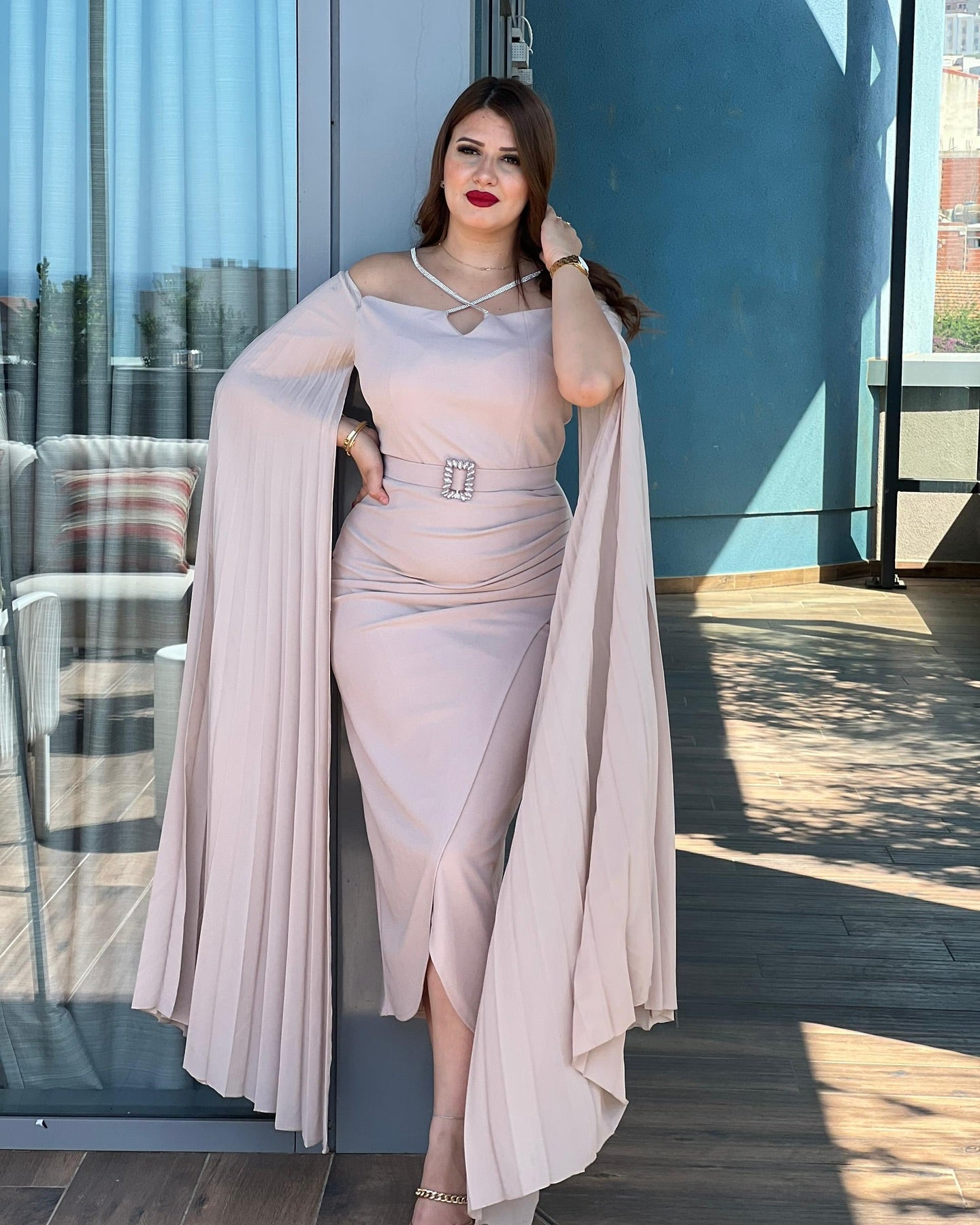 🤍 Royal Elegance Cape Dress – Beige Edition