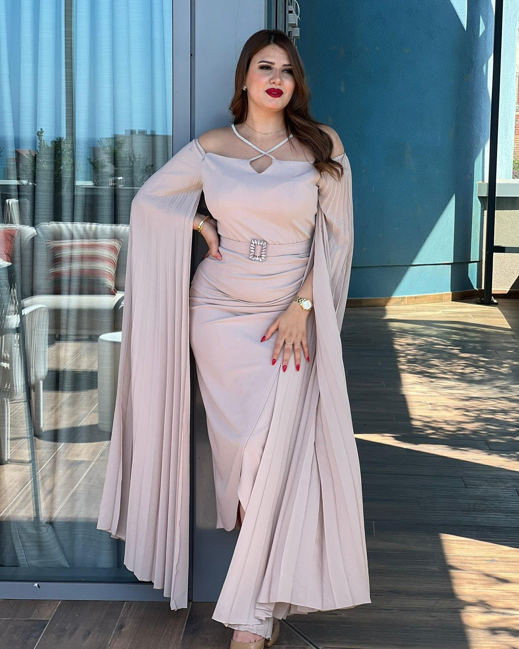 🤍 Royal Elegance Cape Dress – Beige Edition