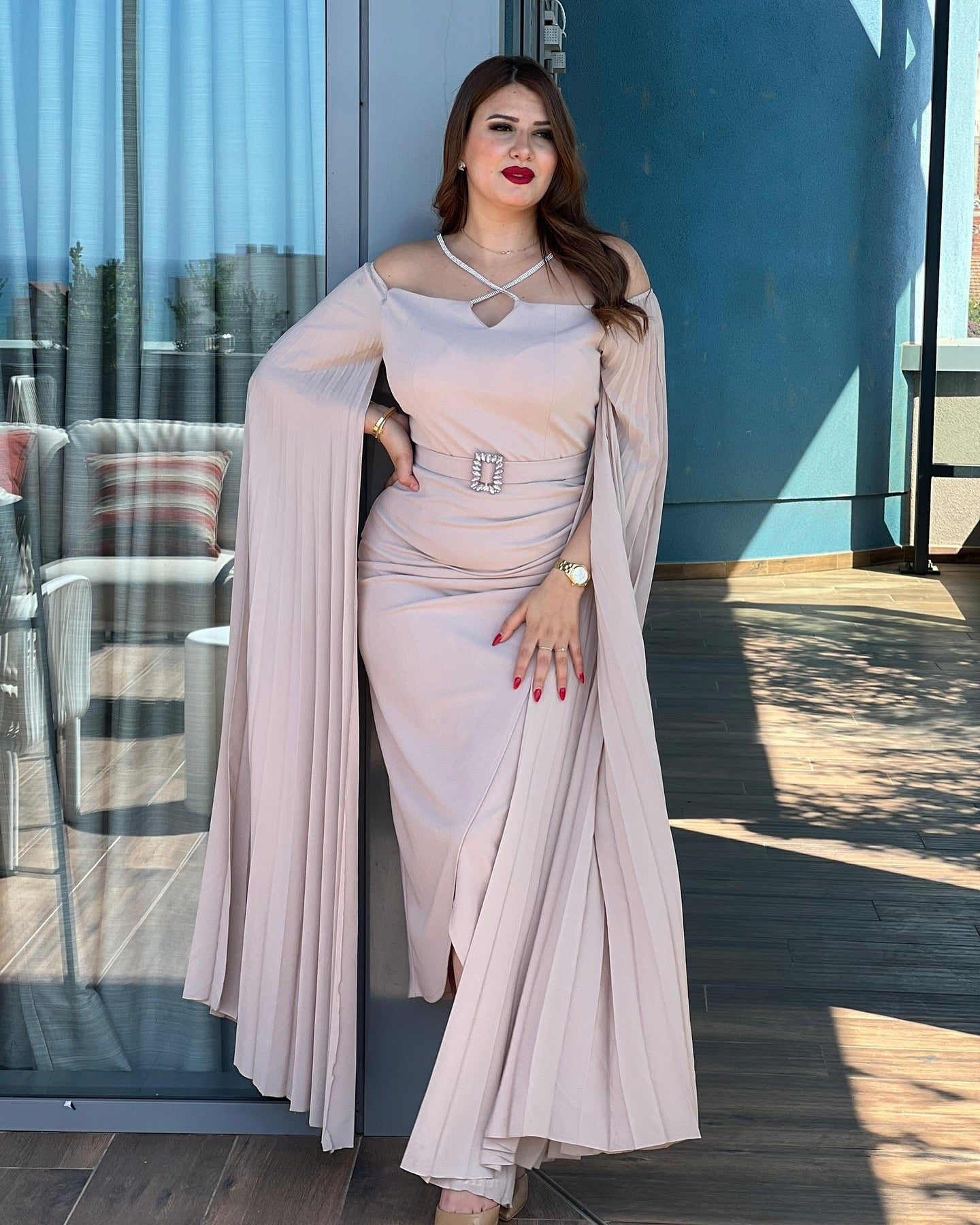 🤍 Royal Elegance Cape Dress – Beige Edition