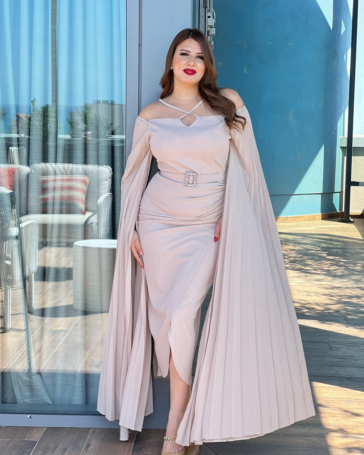 🤍 Royal Elegance Cape Dress – Beige Edition