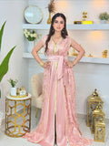 ✨ Caftan deux pièces en satin rose avec Tlija brodée or ✨