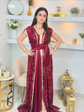 ✨ Caftan deux pièces en satin grenat avec Tlija brodée or ✨