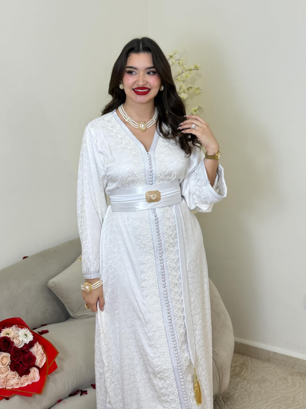 ✨ Caftan Élégance Kamkha Blanc  – Raffinement Oriental & Allure Féminine